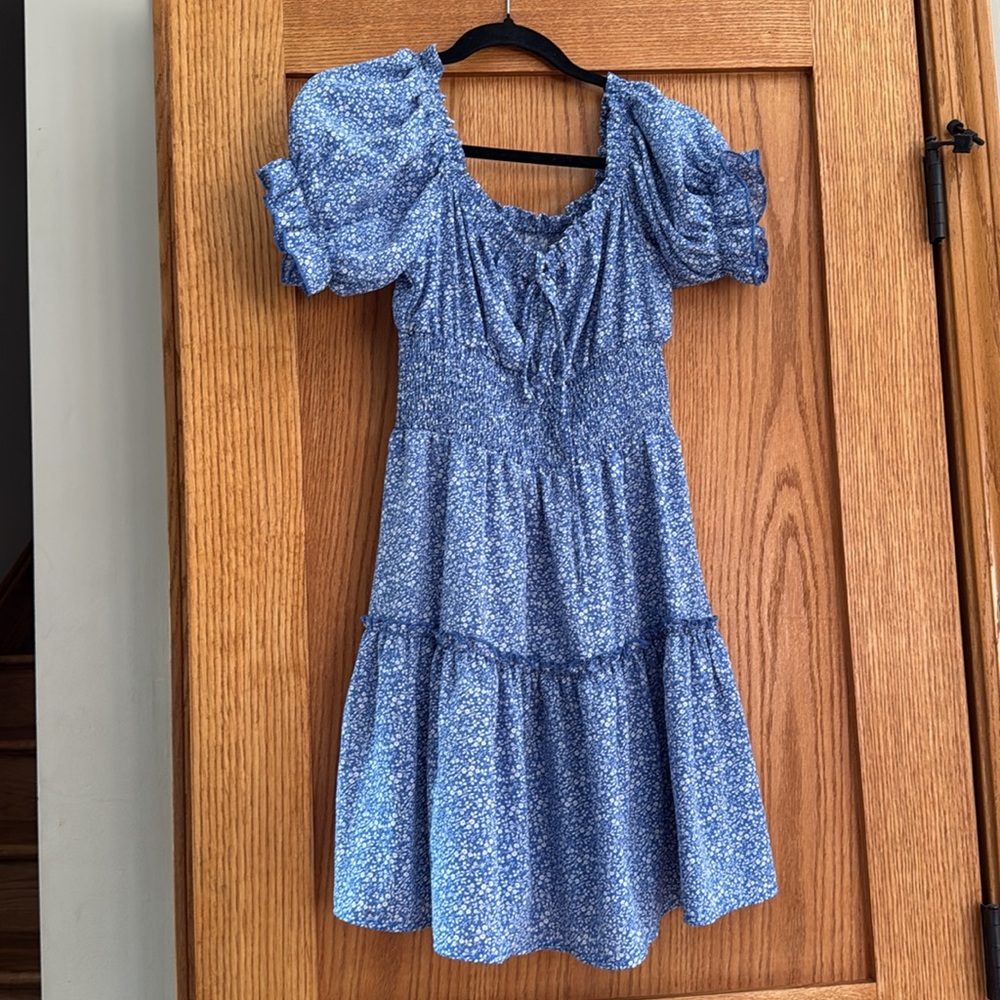 Blue Floral Puff Sleeve Dress